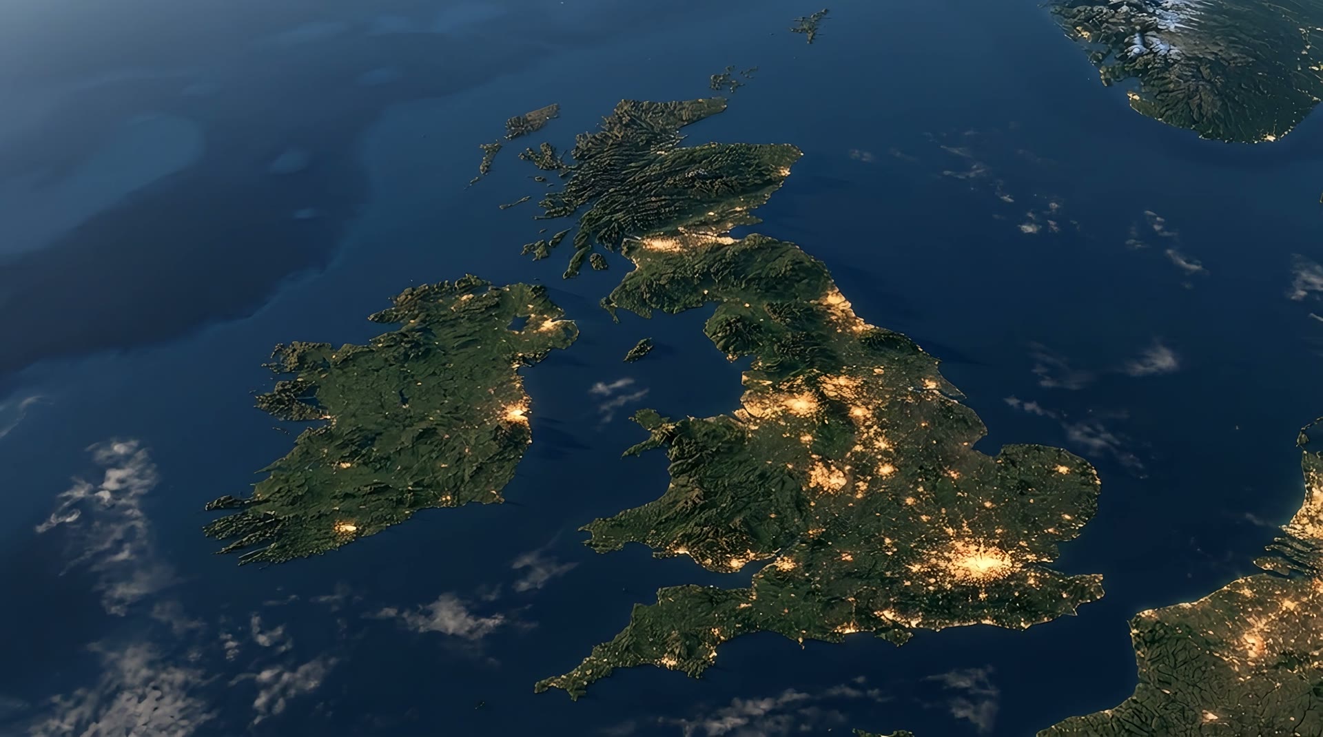 A bird's-eye view of the United Kingdom at dawn.